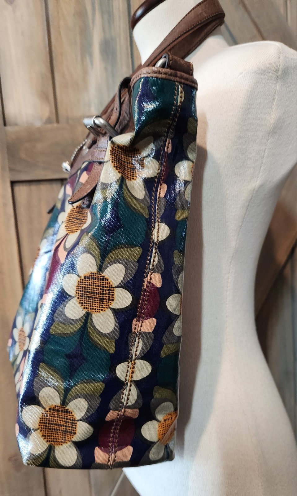 Vtg Fossil Tote Key Per Leather Coated Canvas Floral Hand Shoulder Bag Purse EUC
