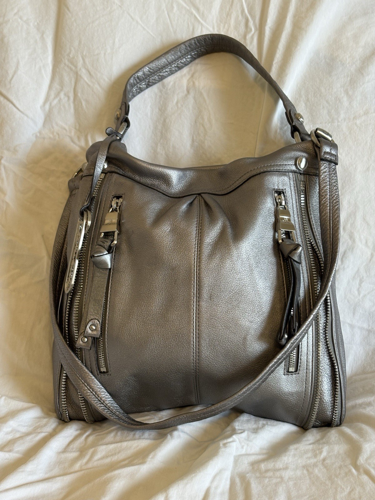 B Makowsky Large Metallic Silver Shoulder Leather Shoulder Bag