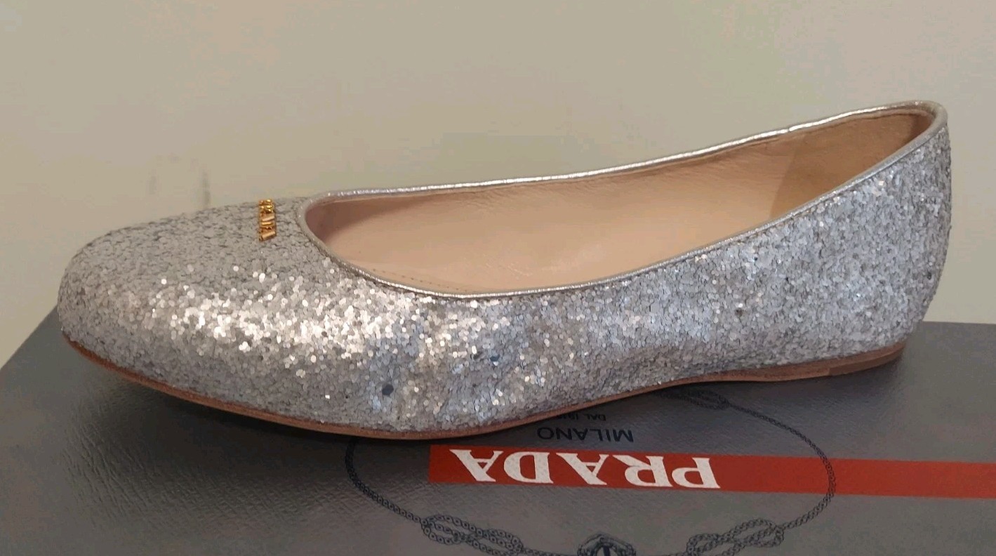 PRADA Sport ICONIC Silver Glitter Matt GOLD LOGO CLASSIC FLATS 36.5 I LOVE SHOES
