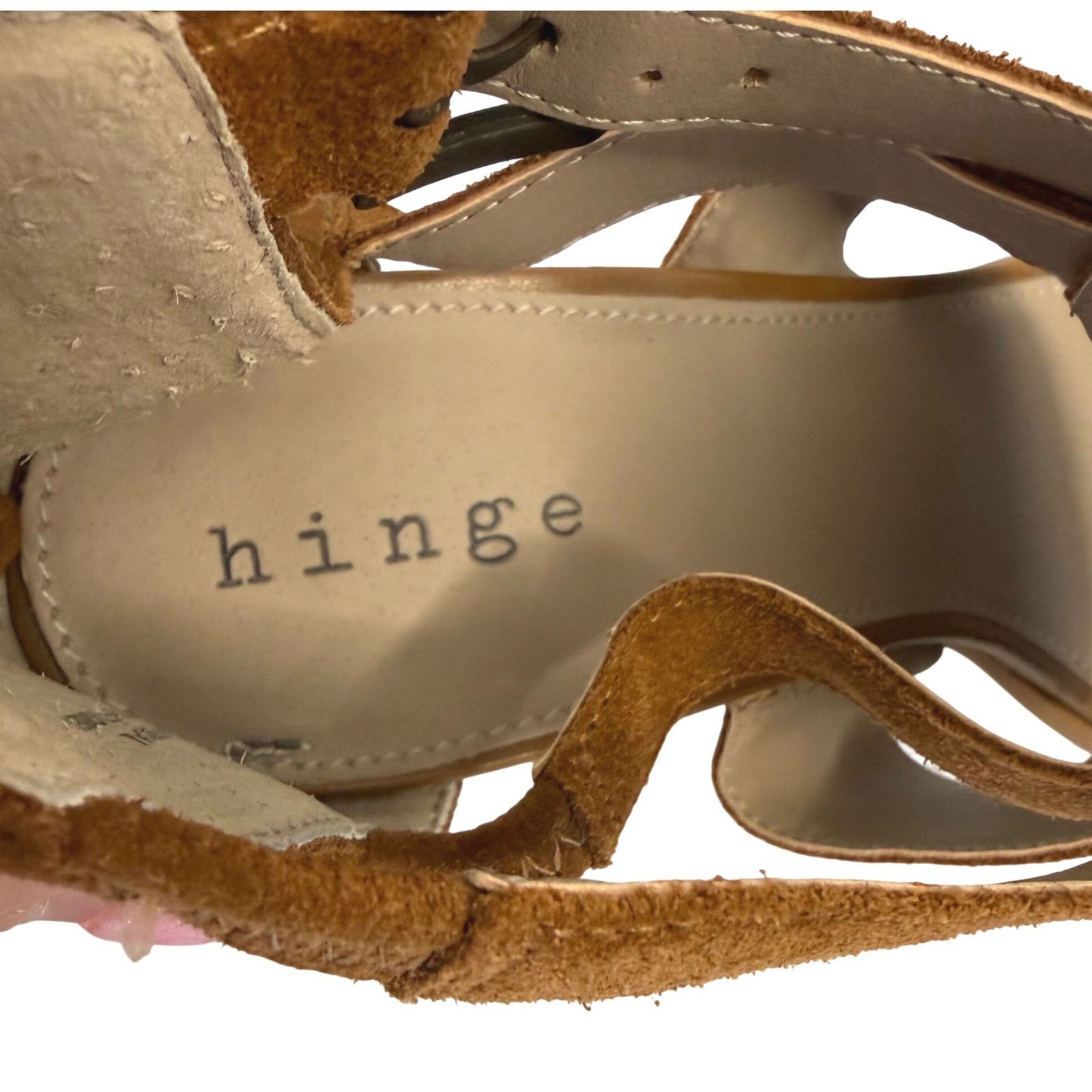Hinge Womens Cognac Brown Suede Strappy Block Heel Sandals Back Zip Size 8.5M