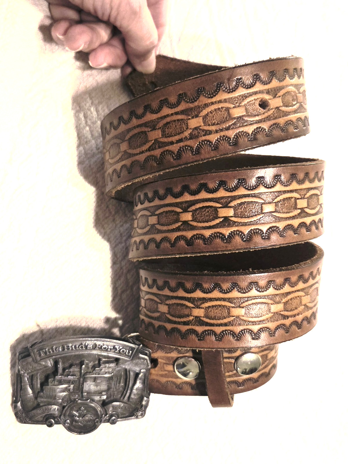 VTG Bergamot This Bud’s For You American Trucker 38-45 Tooled Brown Leather Belt