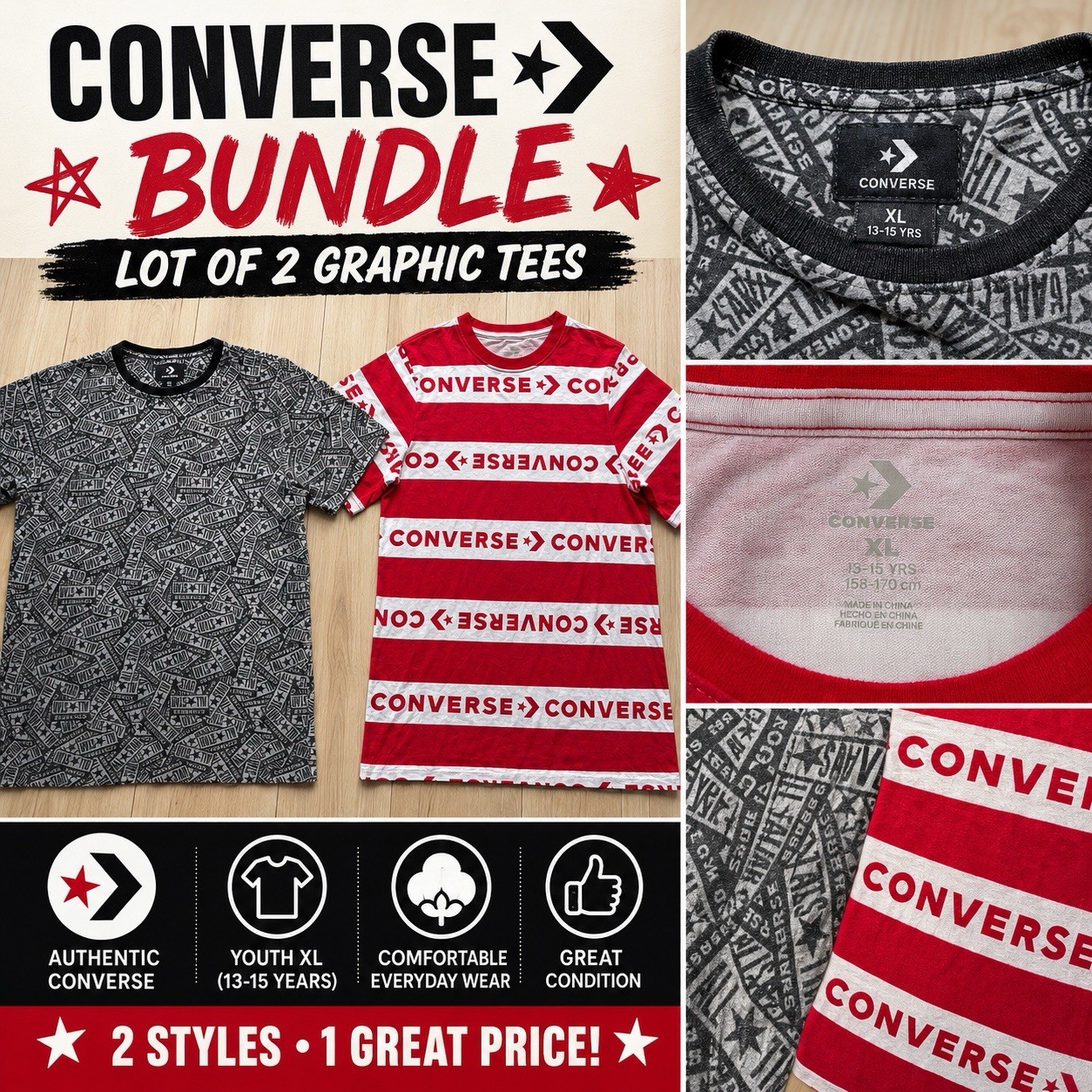 Converse Graphic T-Shirt Bundle Lot of 2 Youth XL 13-15 Years Logo Print Stripe