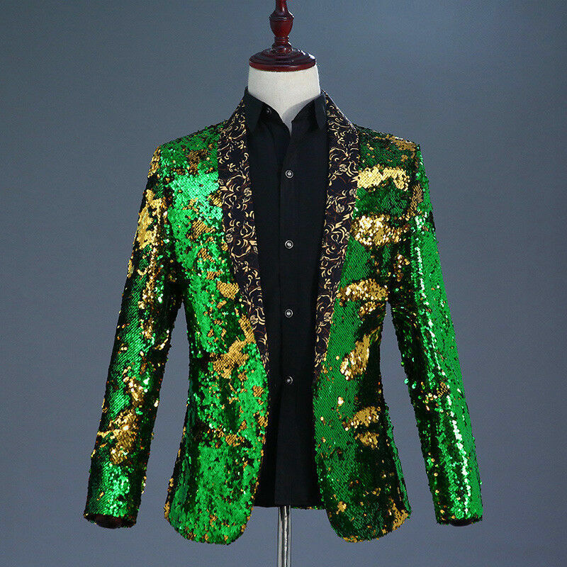 Men Reversible Two Tone Glitter Sequins Suit Jacket Blazer Dance Stage Coat Tops