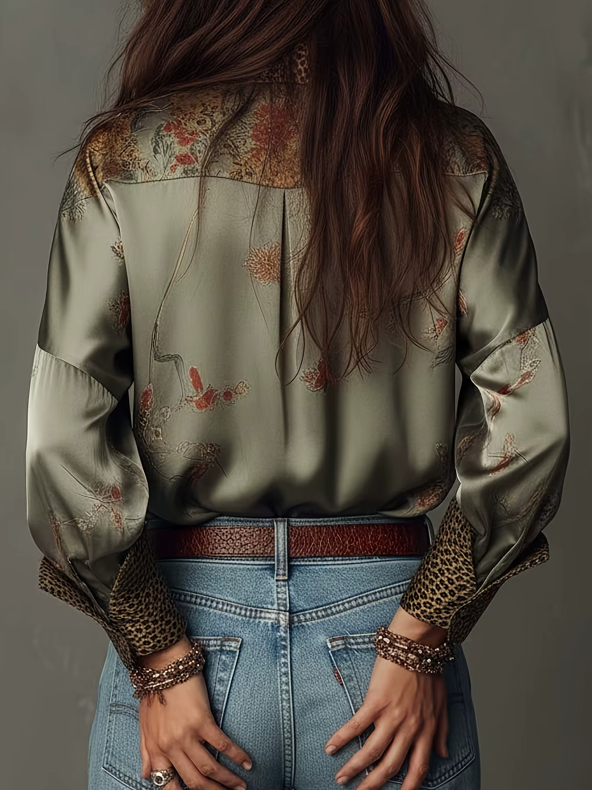 Elegant Women Blouse Leopard Printed Floral Vintage Casual Single Breasted Satin