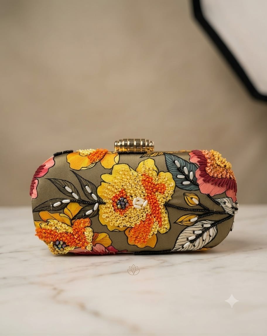 Luxury Evening Clutch Bag Leaf Artisan Sequin Work Gold Boho Embroidered Handbag