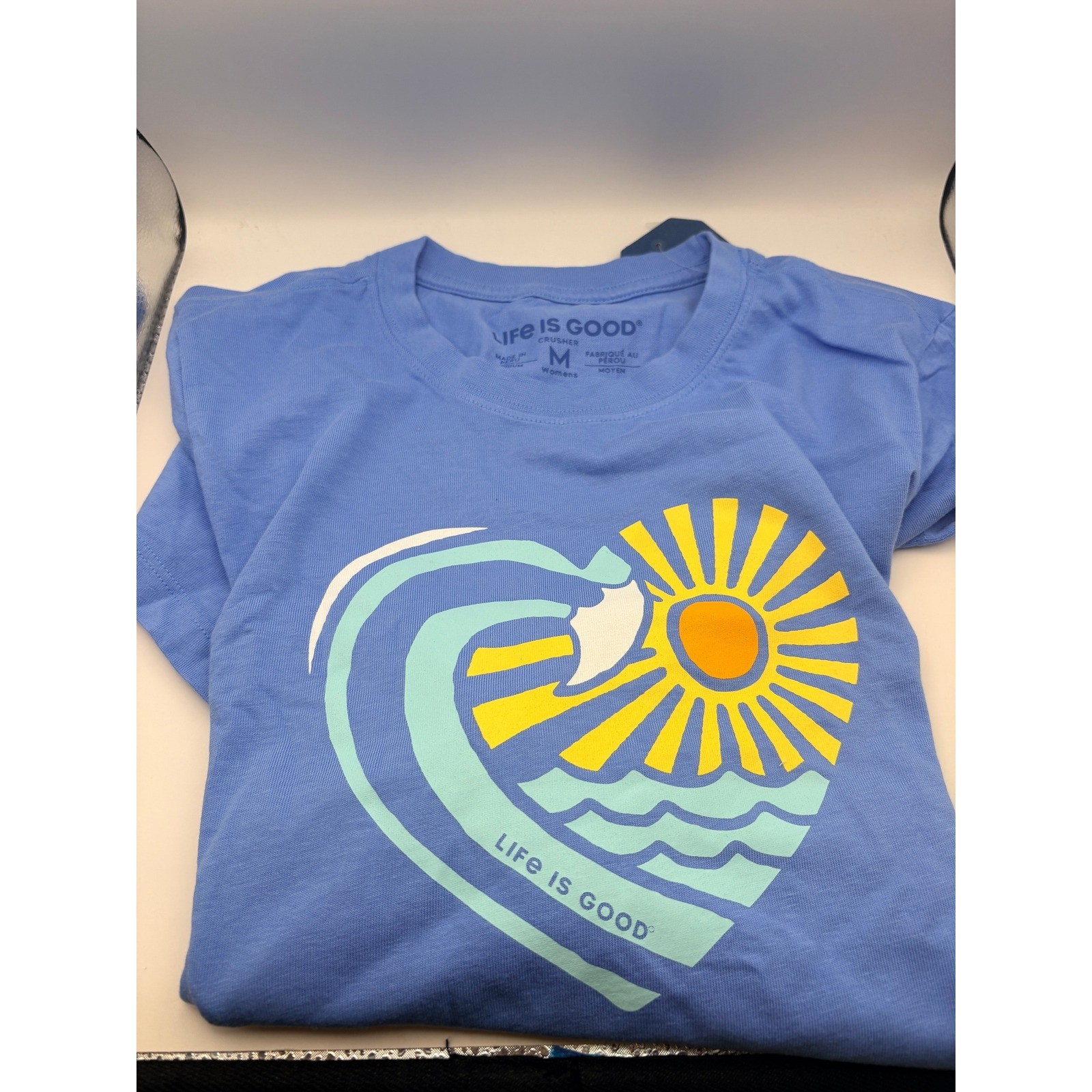 Life is Good Womens Crusher Tee Waveheart Graphic T-Shirt Blue Medium NWT
