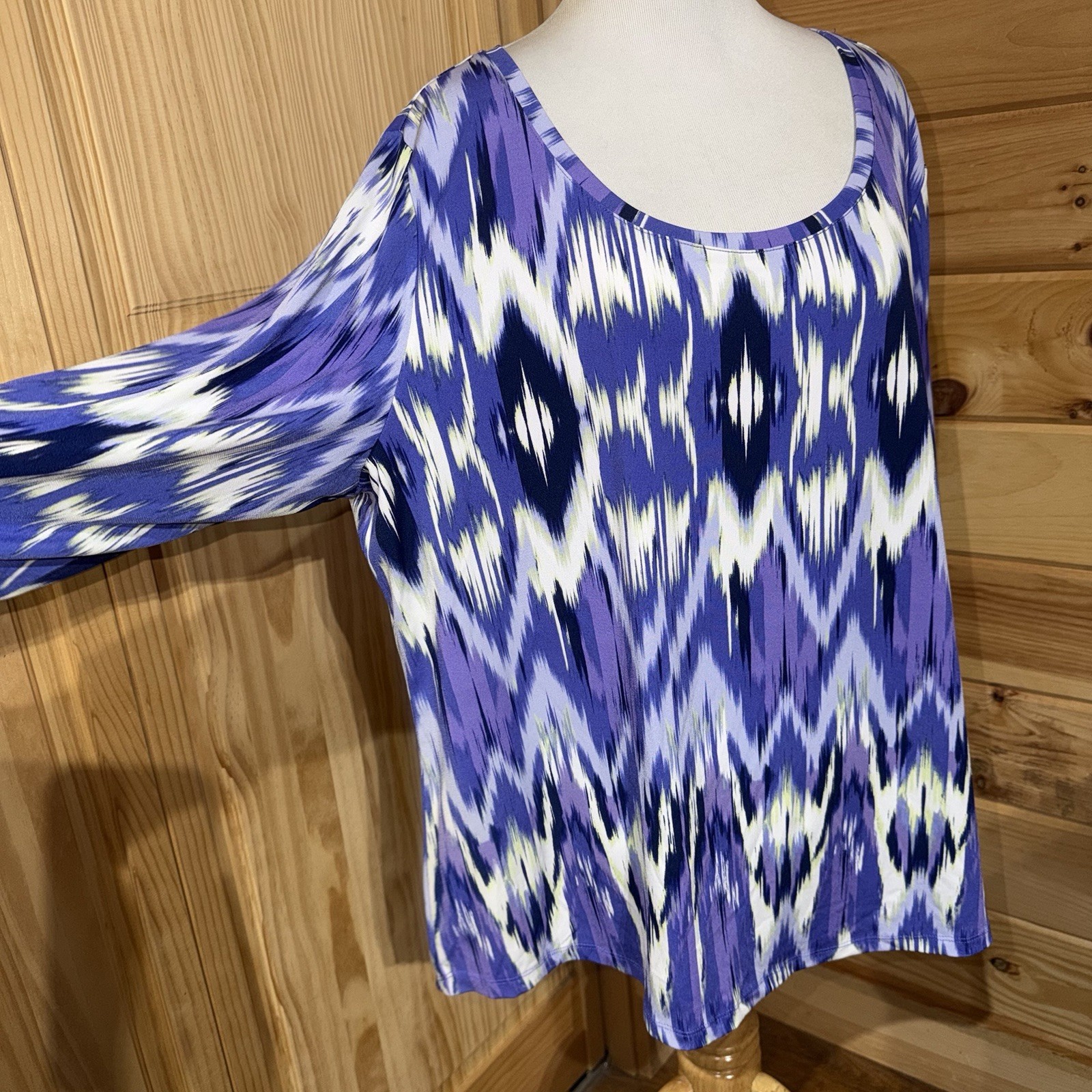CHICO’S Purple Multi Brushed Feather Ikat Zipper Back Top Shirt Size 3 (XL)