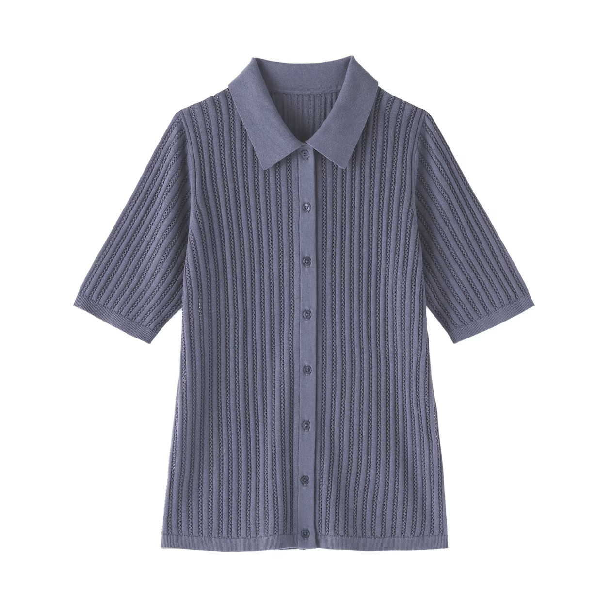 MUJI Smooth Ribbed See-through 1/2 Sleeve Polo Cardigan Smoky Blue FedEx
