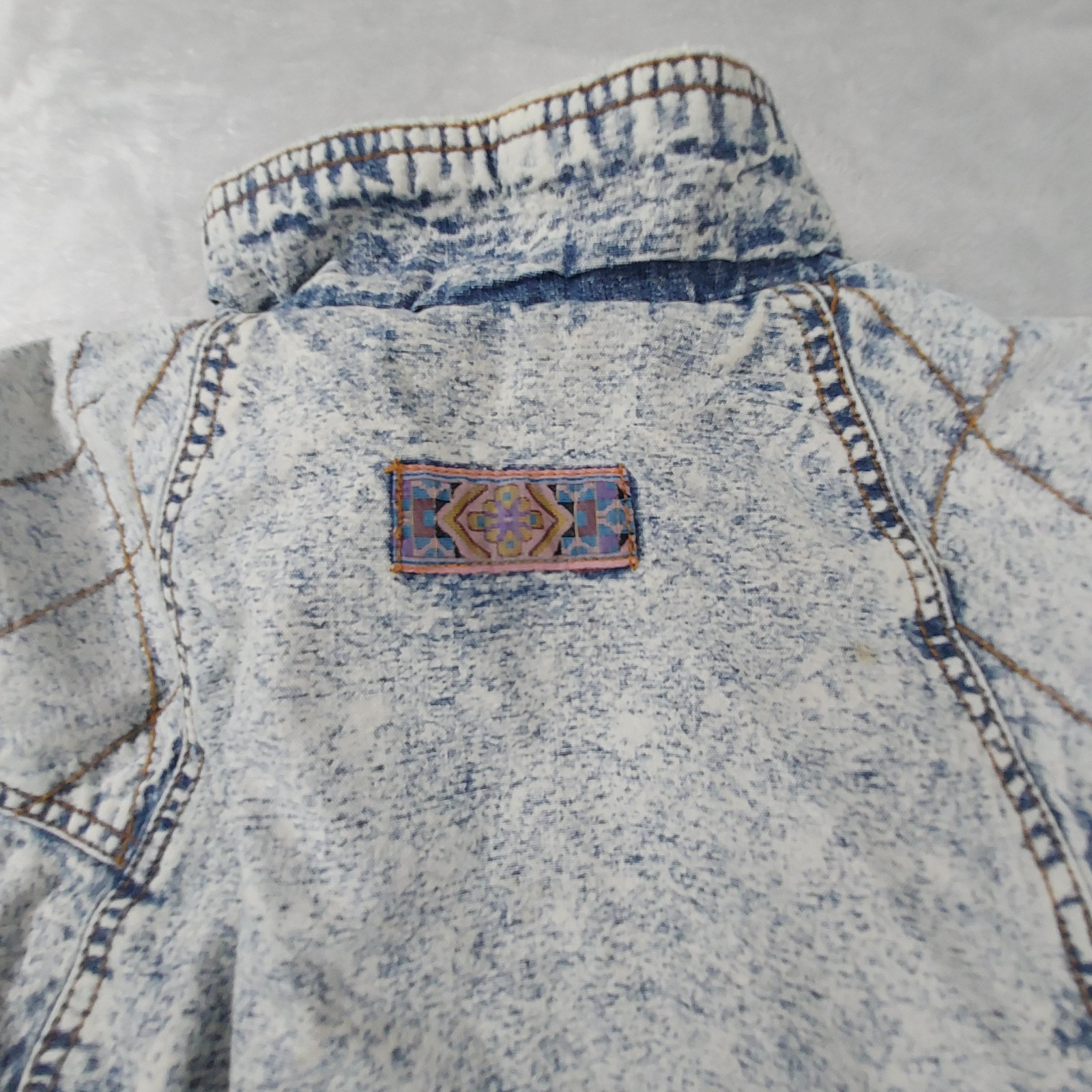 American Ethic Jean Denim Jacket Mens Large Blue Mock Neck Leather Shoulder Trim