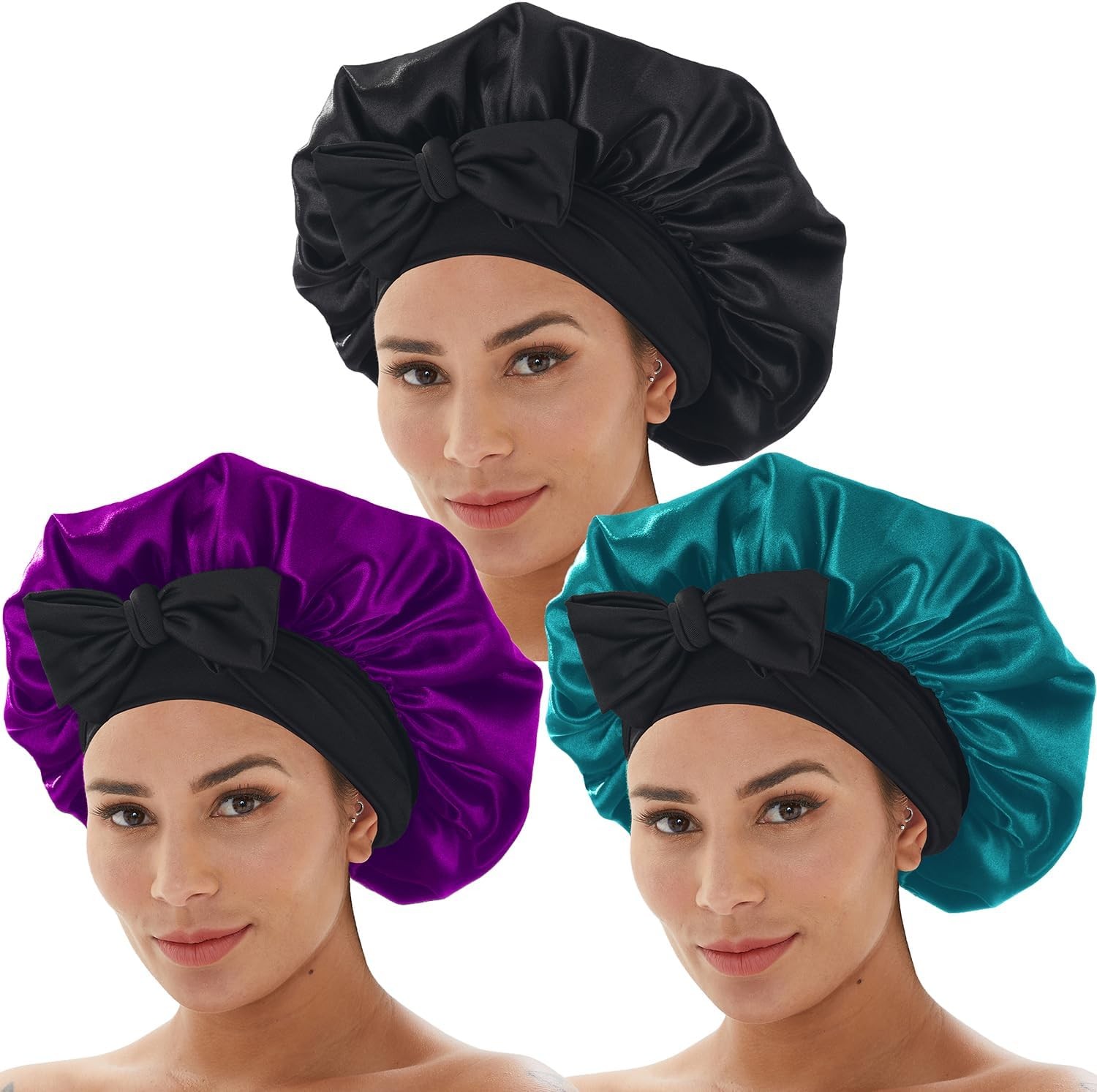 3 Pcs Silk Bonnet for Sleeping, Hair Bonnets with Tie Band Satin Bonnet for Wome