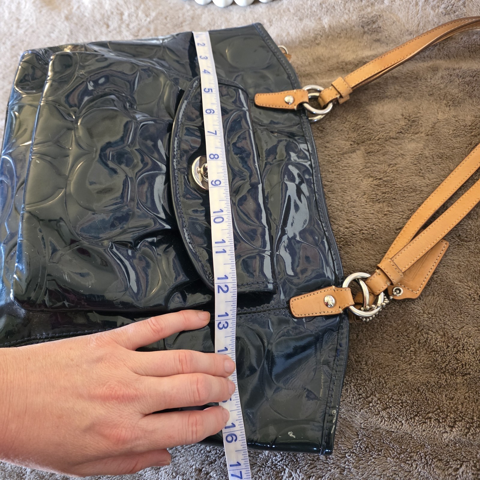 Coach Leah Navy Blue Patent Leather Tote Bag F14663 Embossed Logo Turnlock Large