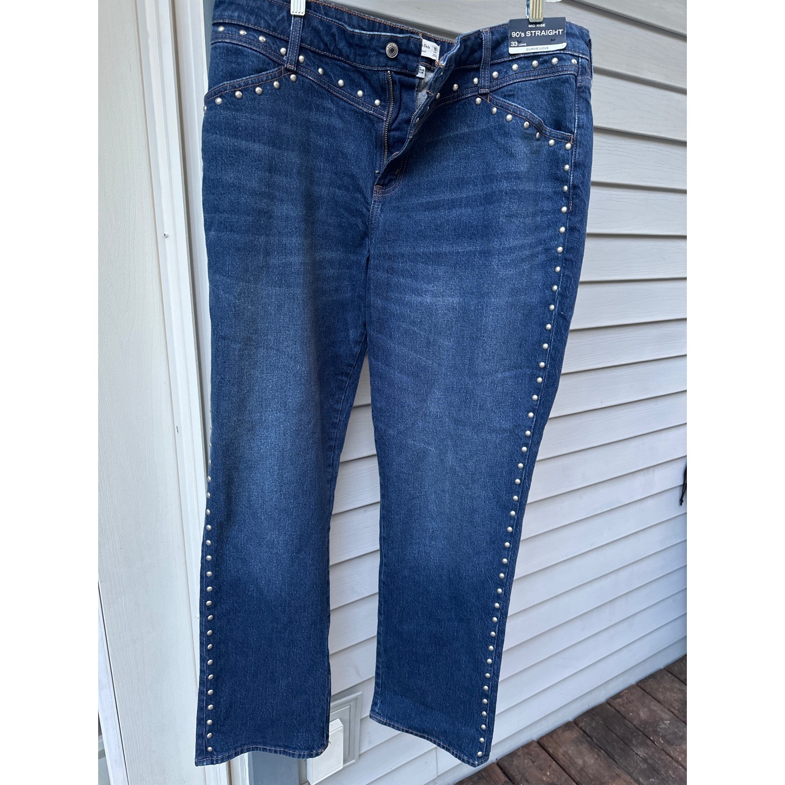 Abercrombie & Fitch Curve Love 90s Straight Studded Jeans Dark Wash 33 Long NEW