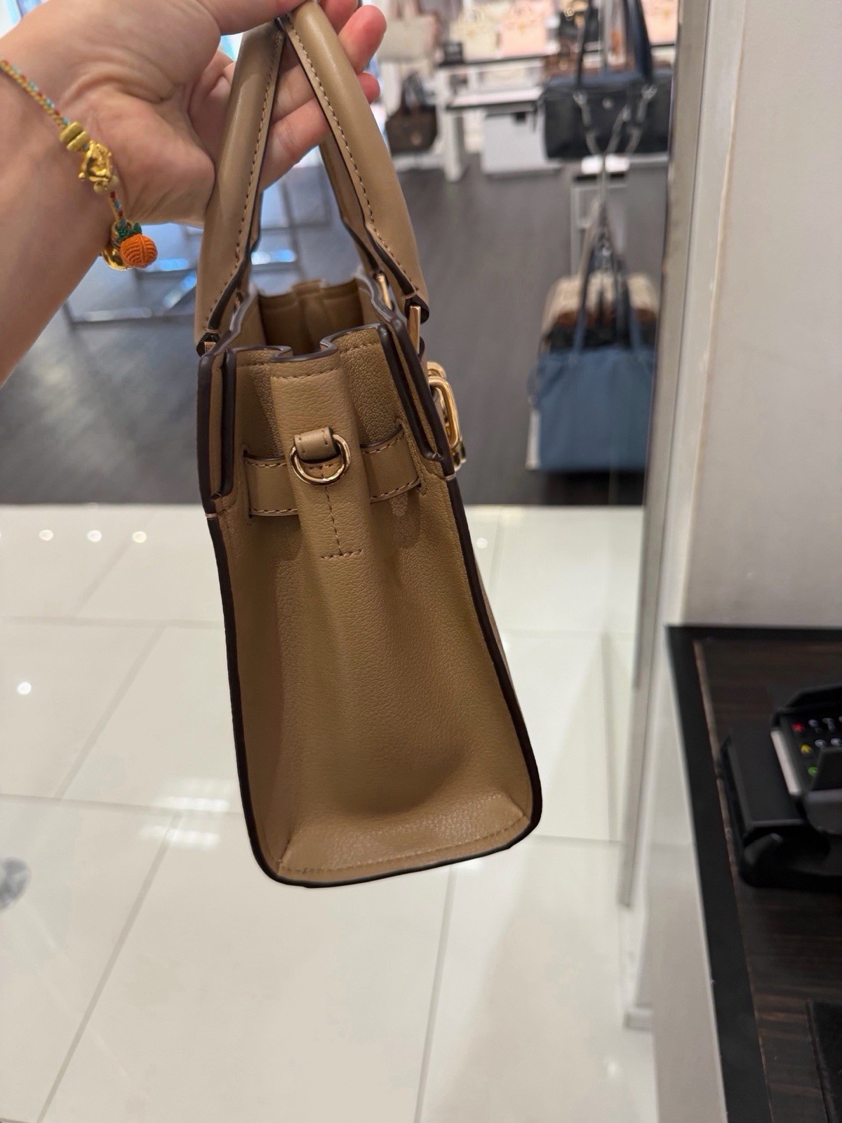 Michael Kors Small Brown Beige Monogram Top Handle Satchel Gold Hardware Lock