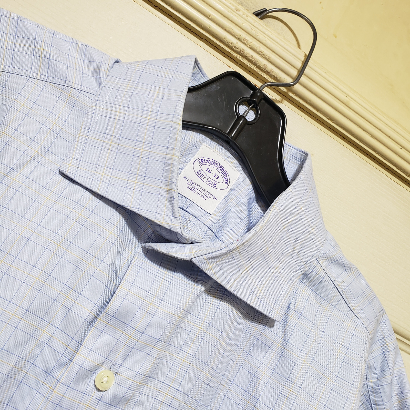 Brooks Bros Shirt Mens 16 33 Blue Check Work Office Cutaway USA Egyption Vtg Dad