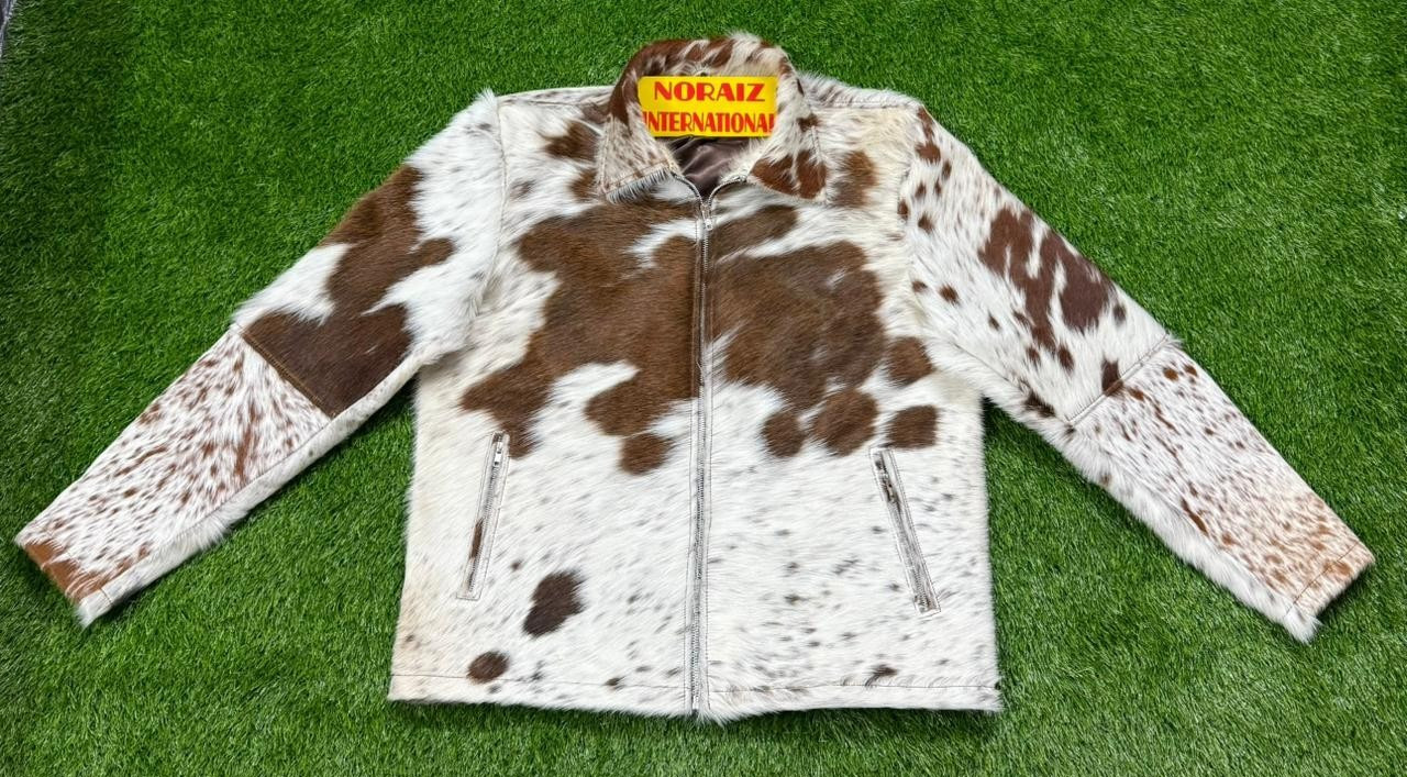 Mens Genuine Cowhide Hair Leather Jacket Brown & White Western Style Zip Jacket