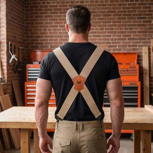 Heavy-Duty Beige Work Suspenders, 2 Inch Wide Suspenders for Men, Big Belt
