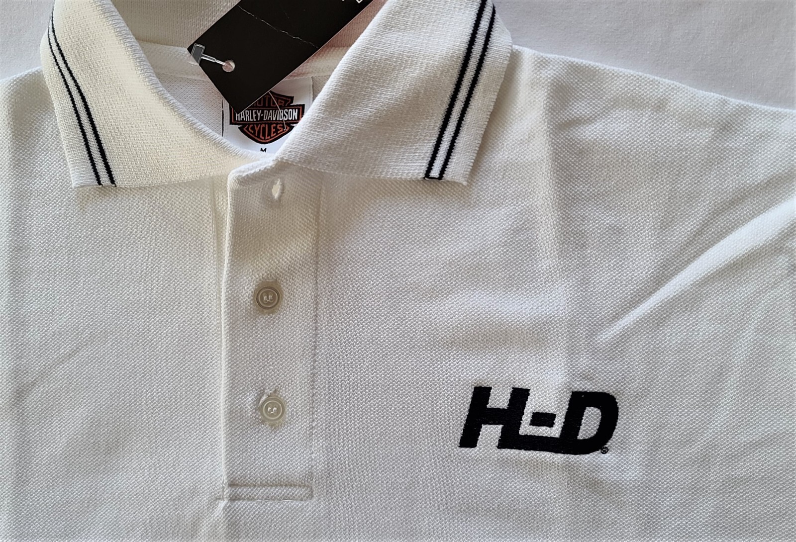 Harley Davidson SS Shirt Polo Golf White Texture Button Embroidered 47in Mens L