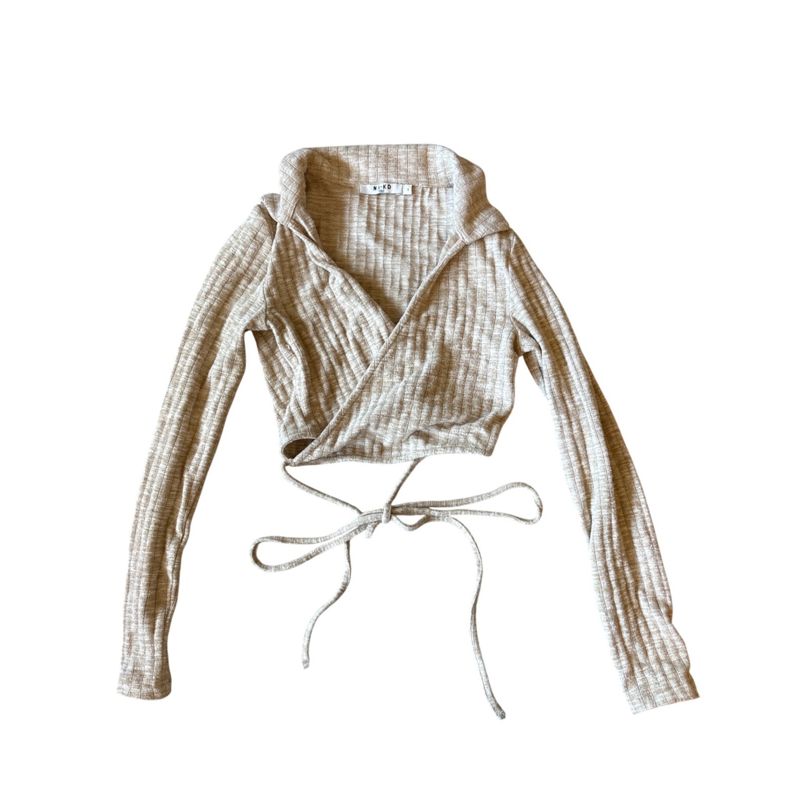 NA-KD Beige Ribbed Knit Wrap Crop Top Long Sleeve Collared Size S