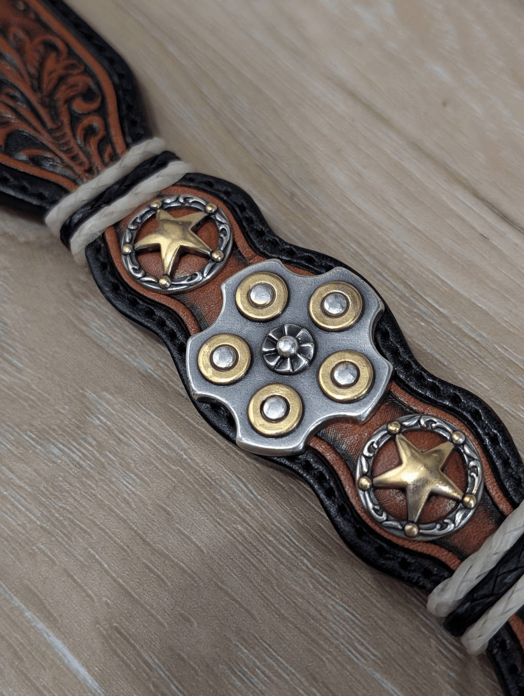 Silver Creek Tooled Leather Belt Western Sheriff Star Revolver Concho Sz 34
