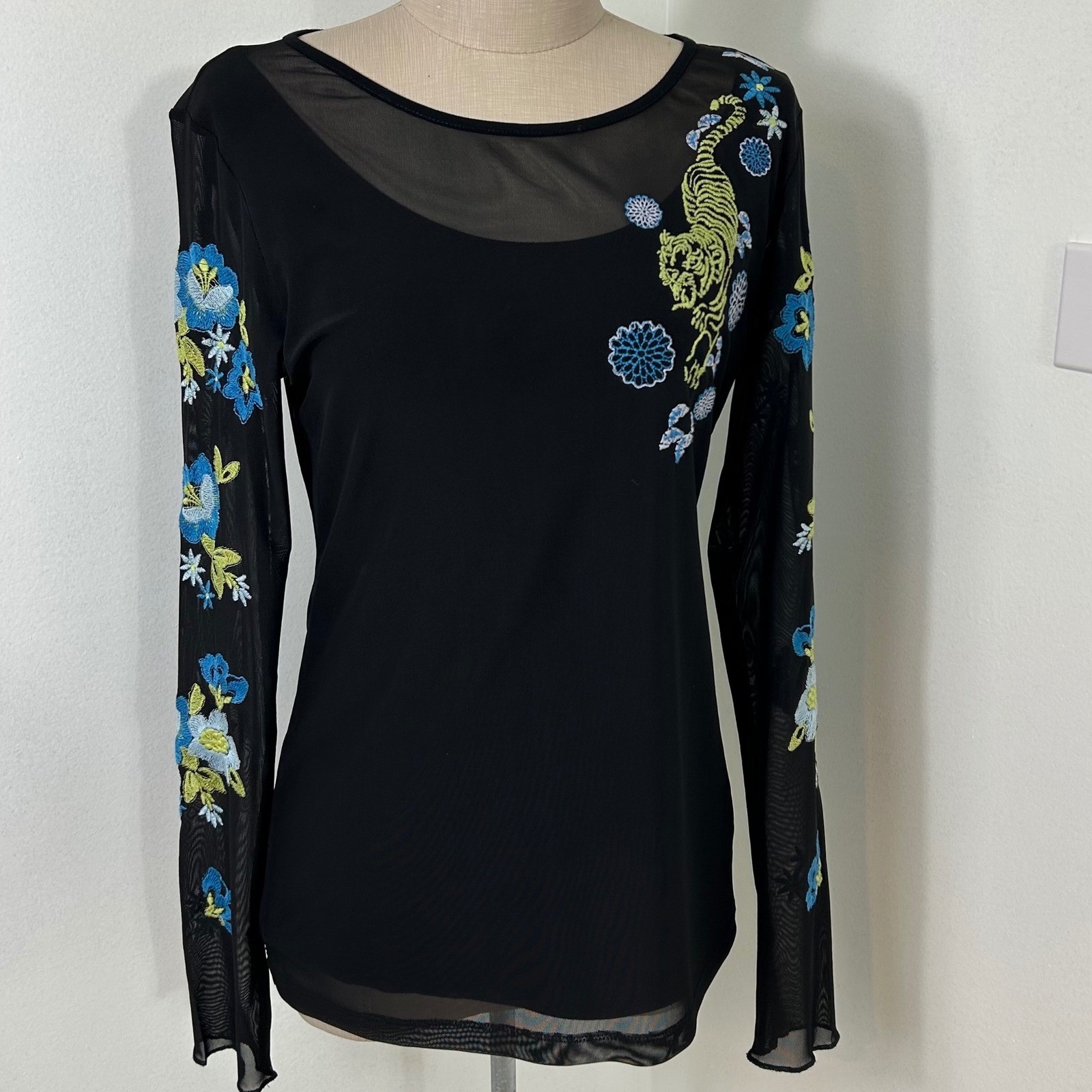 Laurel Mesh Top Tiger Floral Embroidered Long Sleeve Blouse Black Size 6