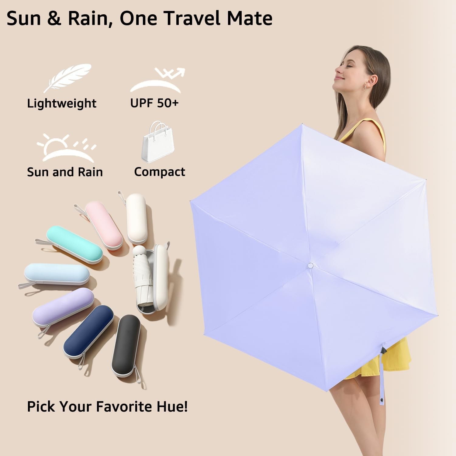 BAODINI Travel Essentials Mini Umbrella for Purse With Case Small Compact UV Sun