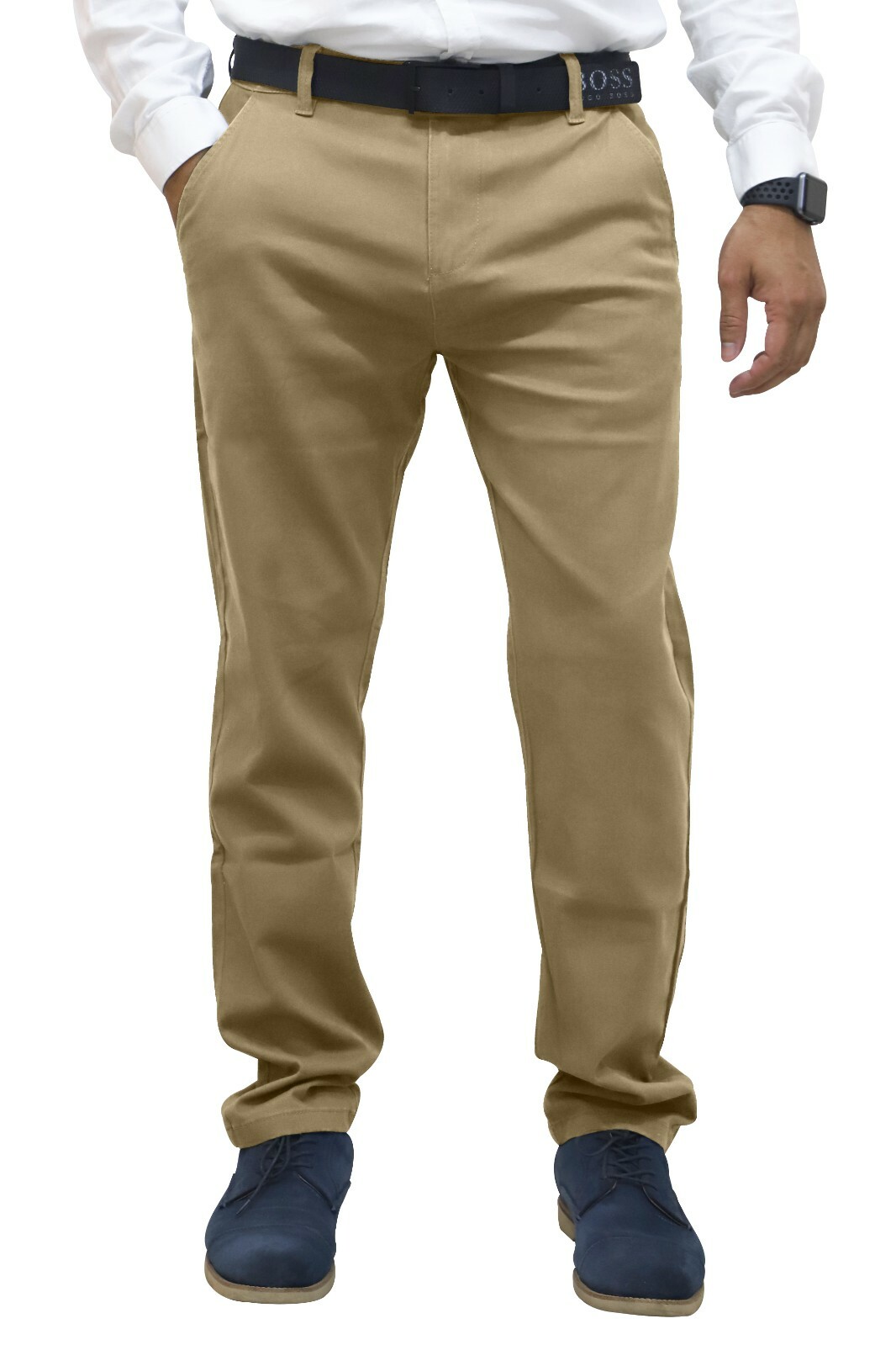 Mens Regular Fit Chino Trousers Stretch Casual Cotton Flat Front Flex Full Pants