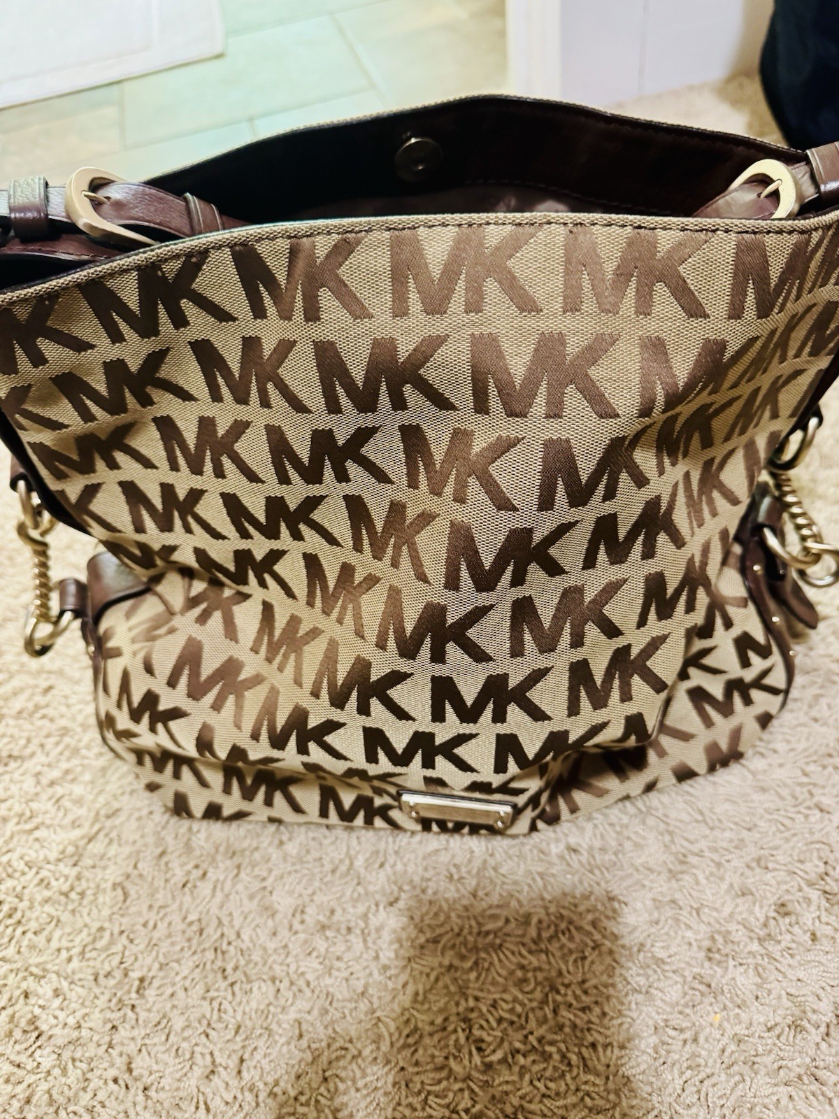 Michael Kors Beige/Brown MK Logo Shoulder Bag