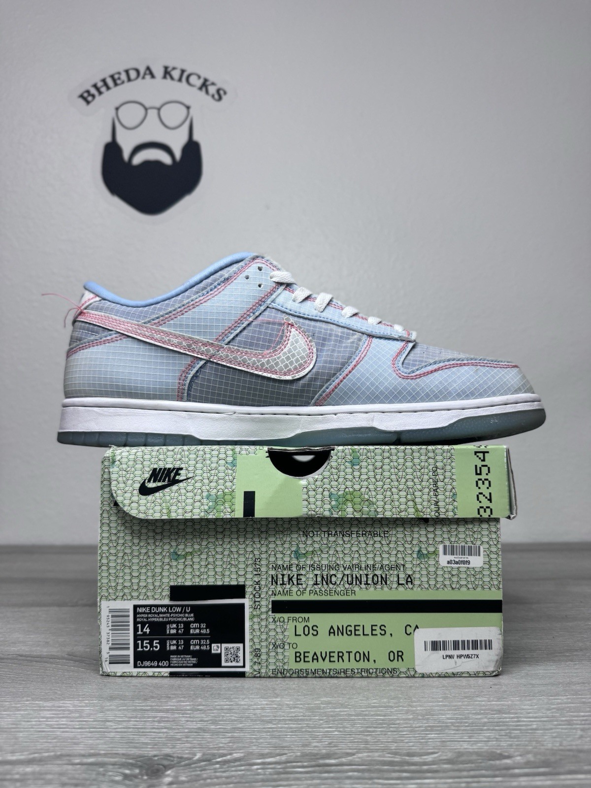 Size 14 – Nike Dunk Low x Union LA Passport Pack Argon DJ9649-400 Preowned