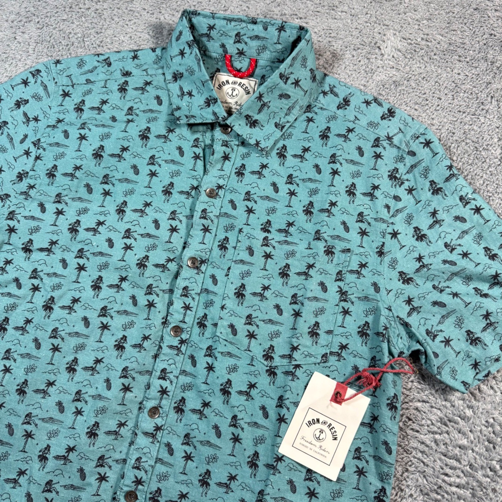 Iron and Resin Hula Dreams Shirt Water Blue Hemp Tropical Print Mens Medium NWT