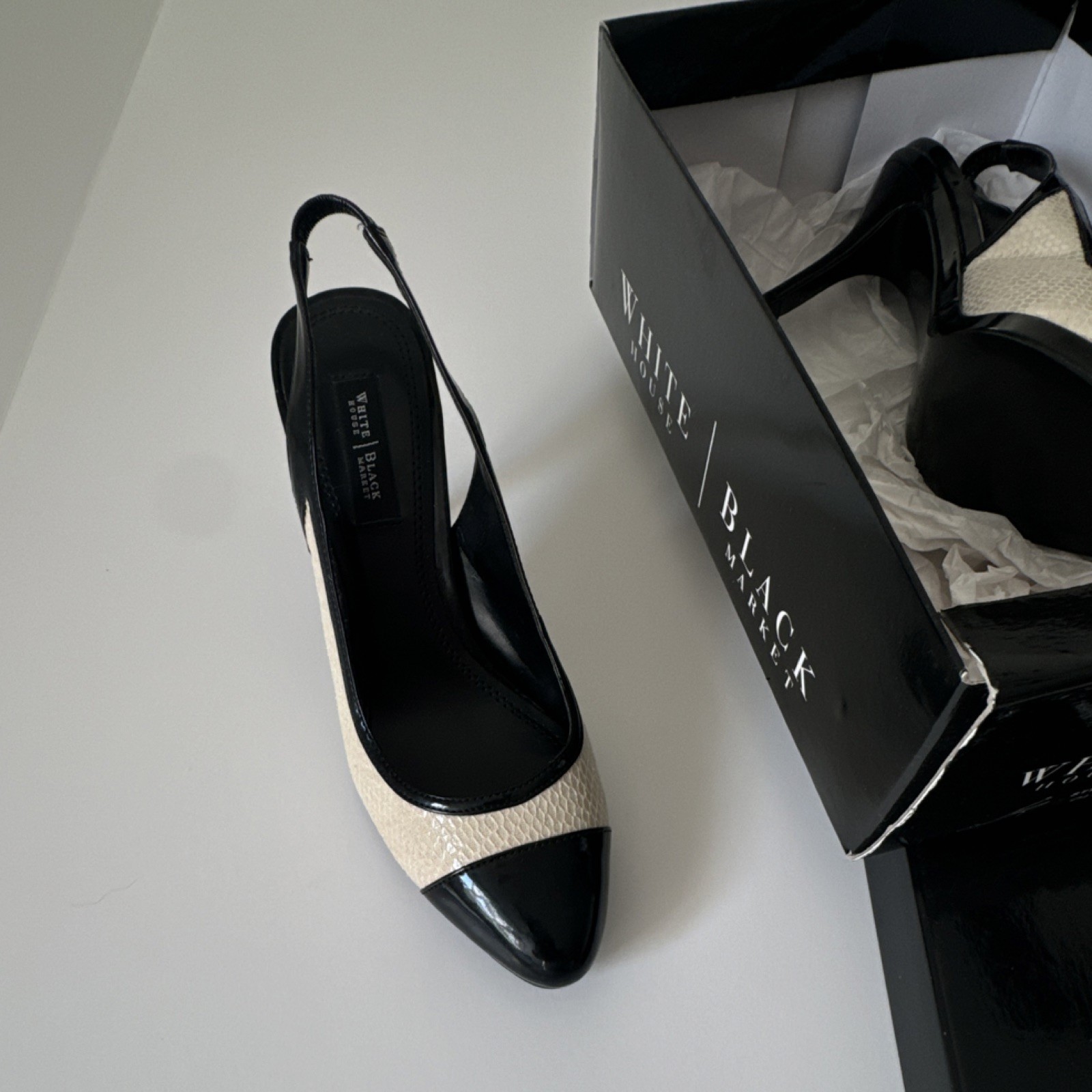 White House Black Market Womens Snake Print Slingback Heels Black/Beige 6M