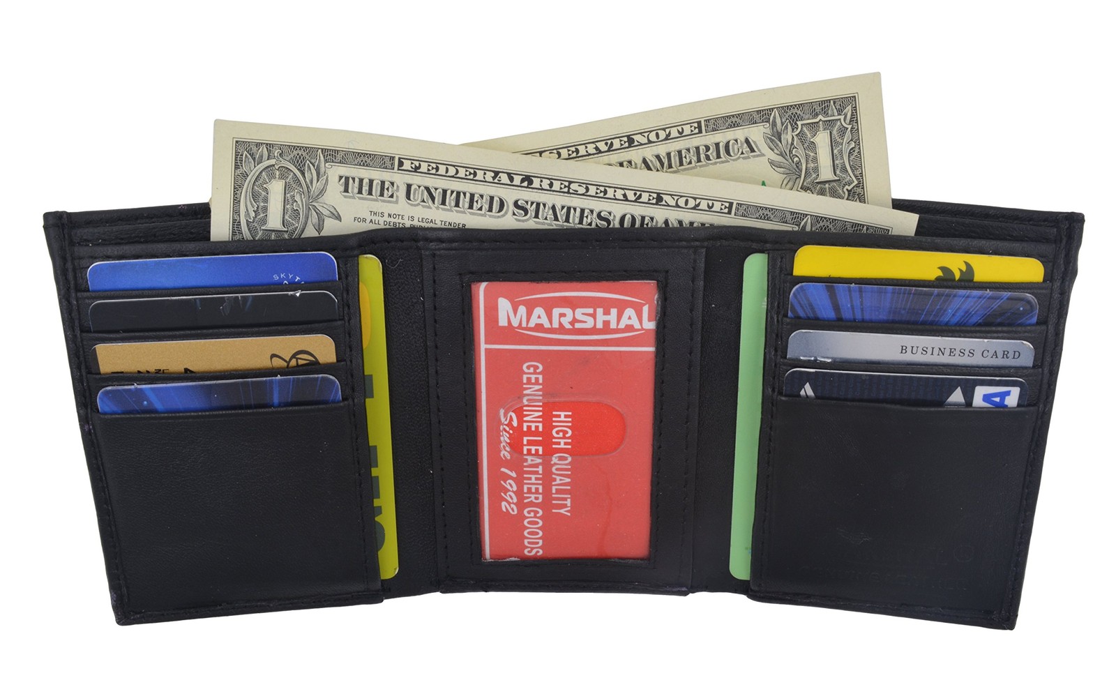 Men’s Genuine Leather Trifold Wallet Black 8 Credit Card slots Medium,