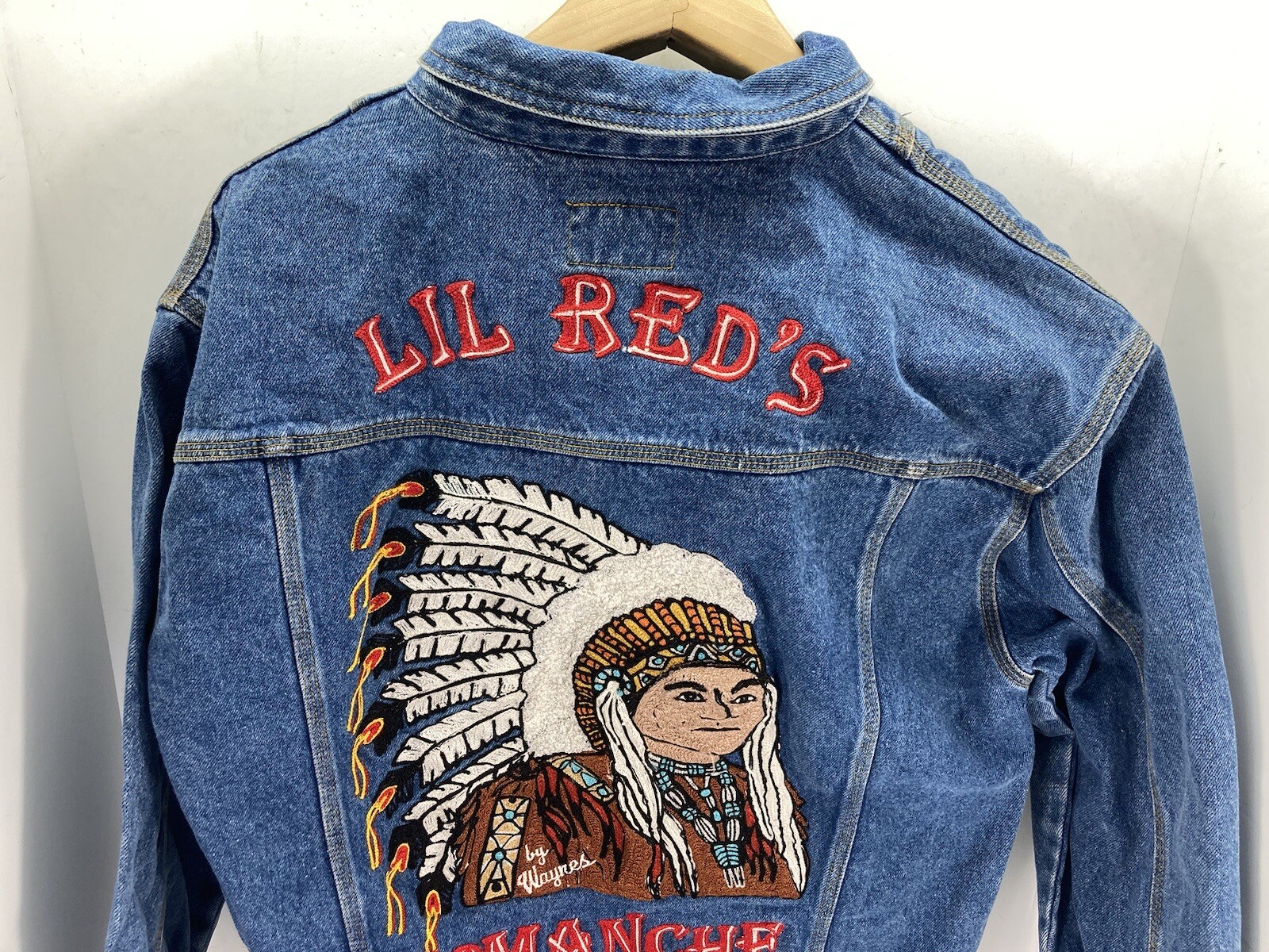 Comanche Chief Denim Trucker Jacket Men Size Small Embroidered Button VTG Unique