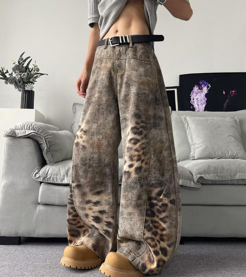 Men’s Brown Denim Jeans Leopard Wide Leg Casual Pants Punk Hip Hop Trousers New
