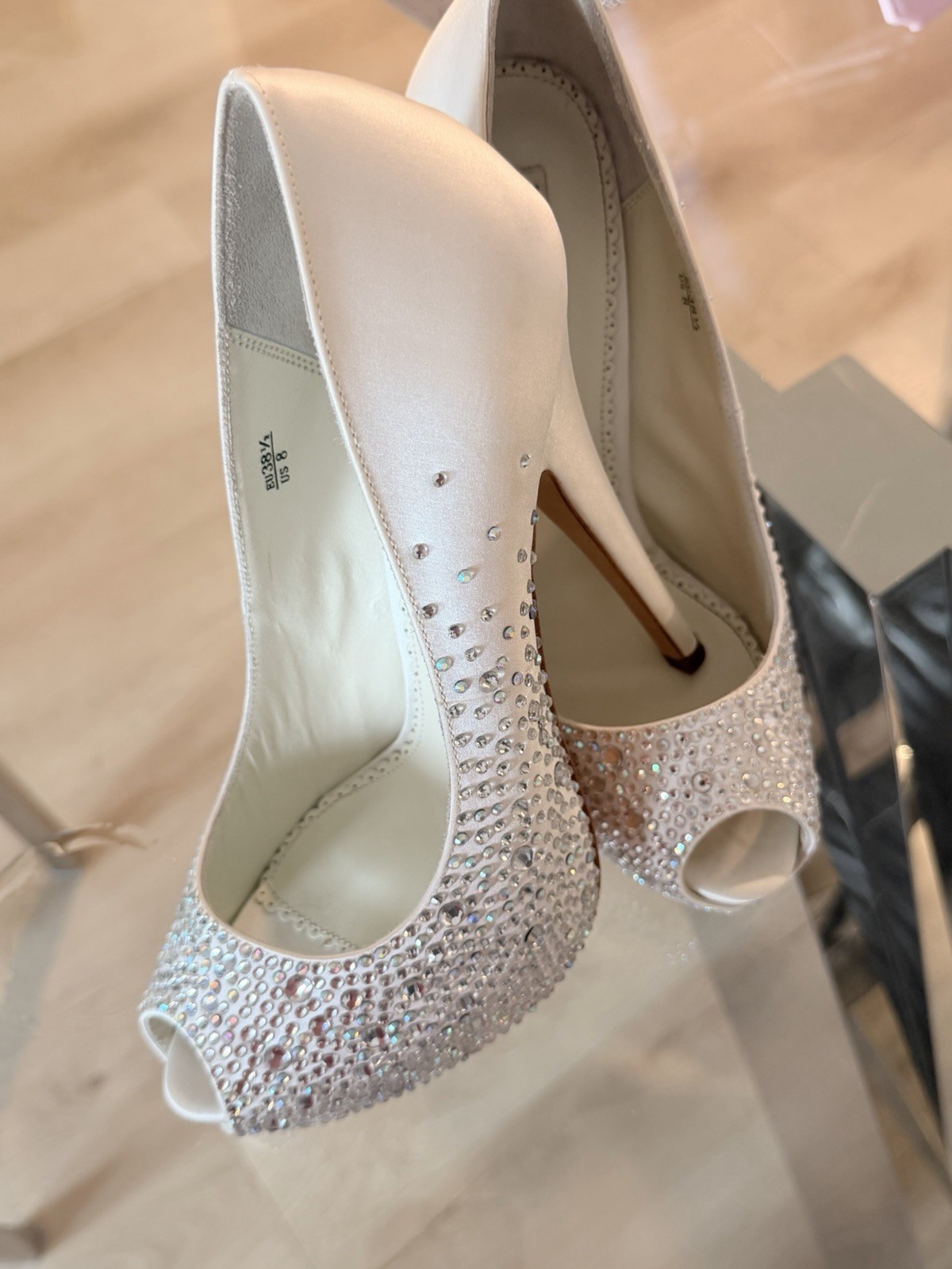 Benjamin Adams London ‘Vero Cuoio’ Crystal Heels – Satin Peep-Toe, Size 8