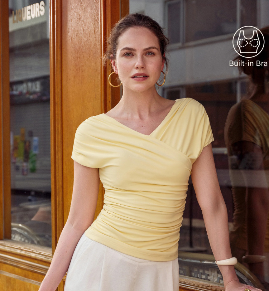 Oglmove SkinKiss Surplice V-Neck Ruching Bra Top, Butter Yellow Color, New