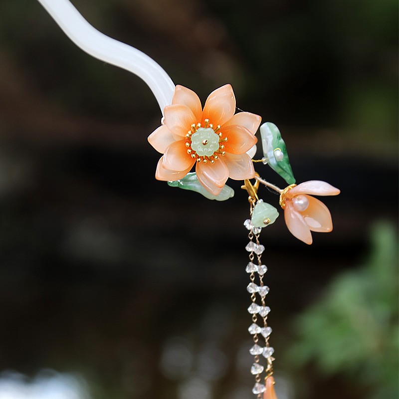 White Lotus Tassel Hairpin Traditional Chinese Hair Stick Hair Accessories Hanfu