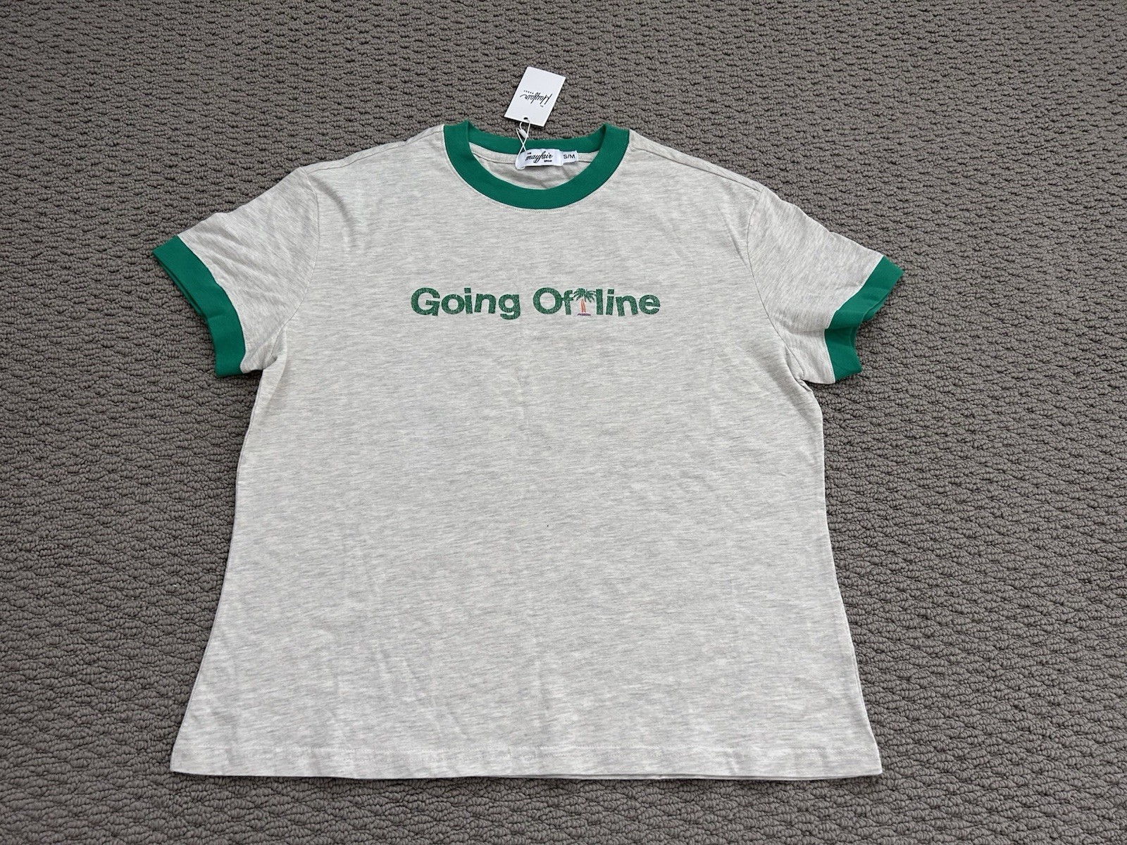 NWT The Mayfair Group Going Offline Relaxed Tee S/M Ringer Loose Fit Boho Preppy