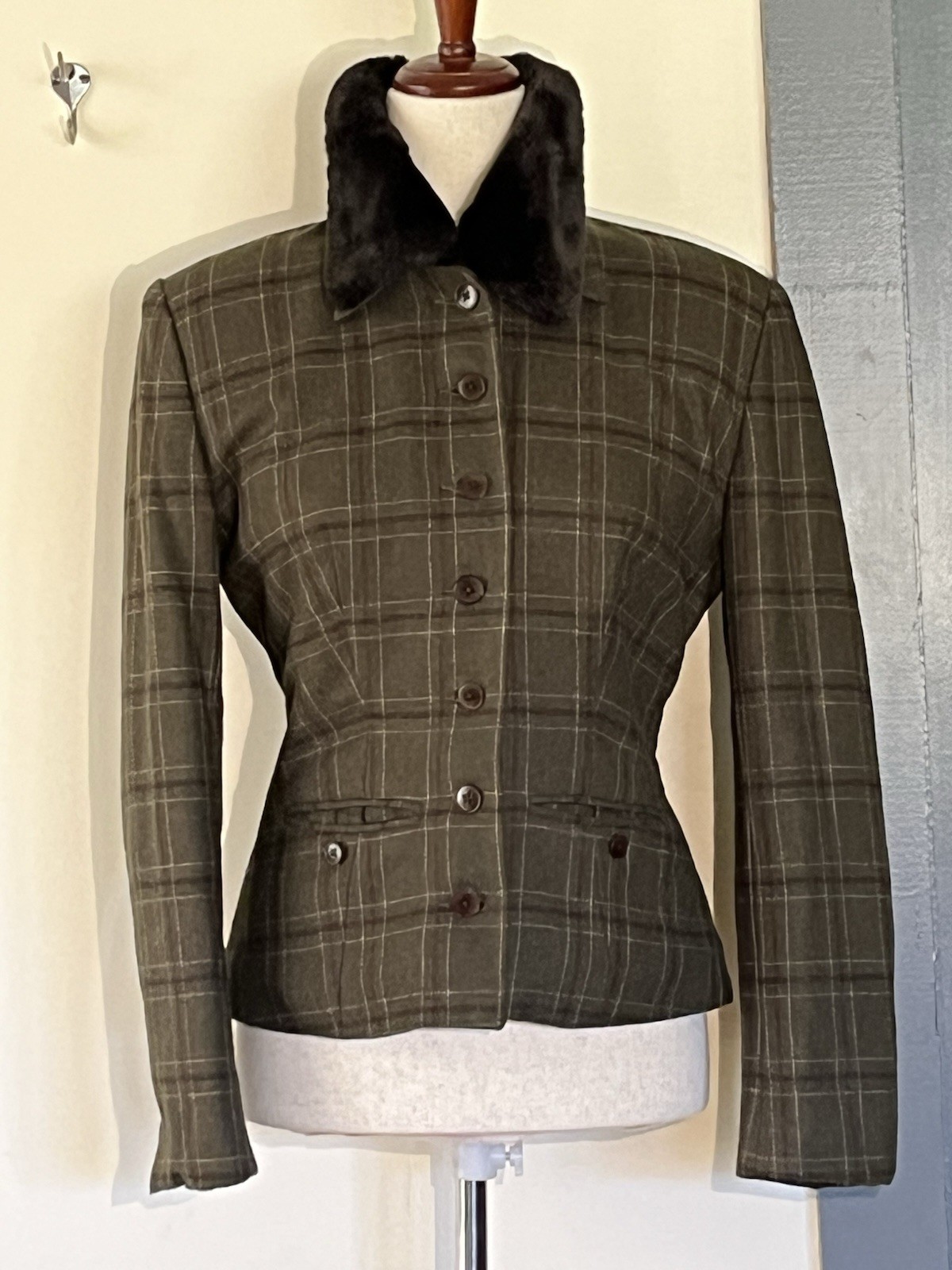 Banana Republic Plaid Wool/Cashmere Blend Blazer Jacket Faux Fur Collar Size 4