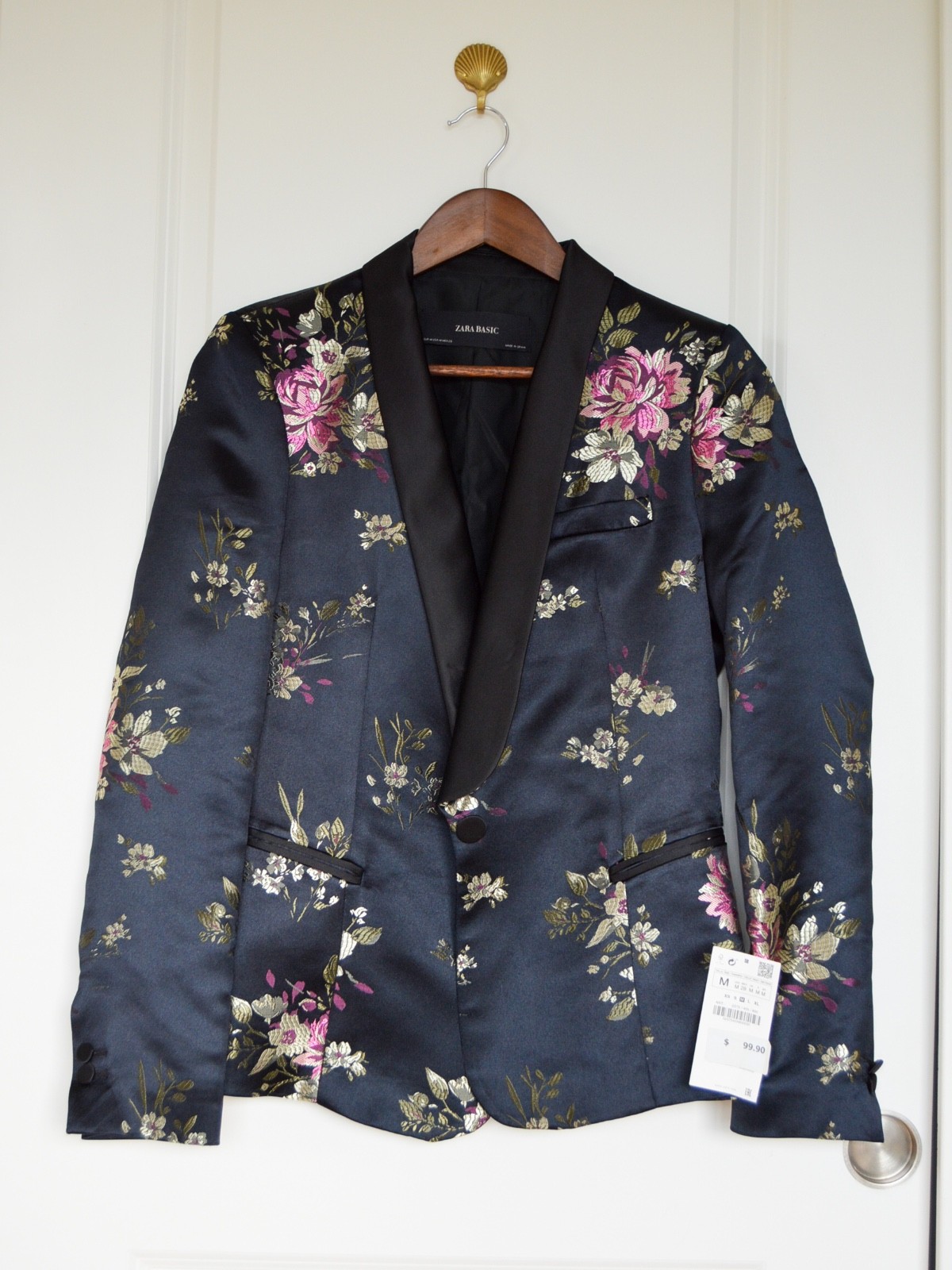 Zara Basic Floral Jacquard Tuxedo Blazer Black w Pink and Gold Flowers NWT Sz M
