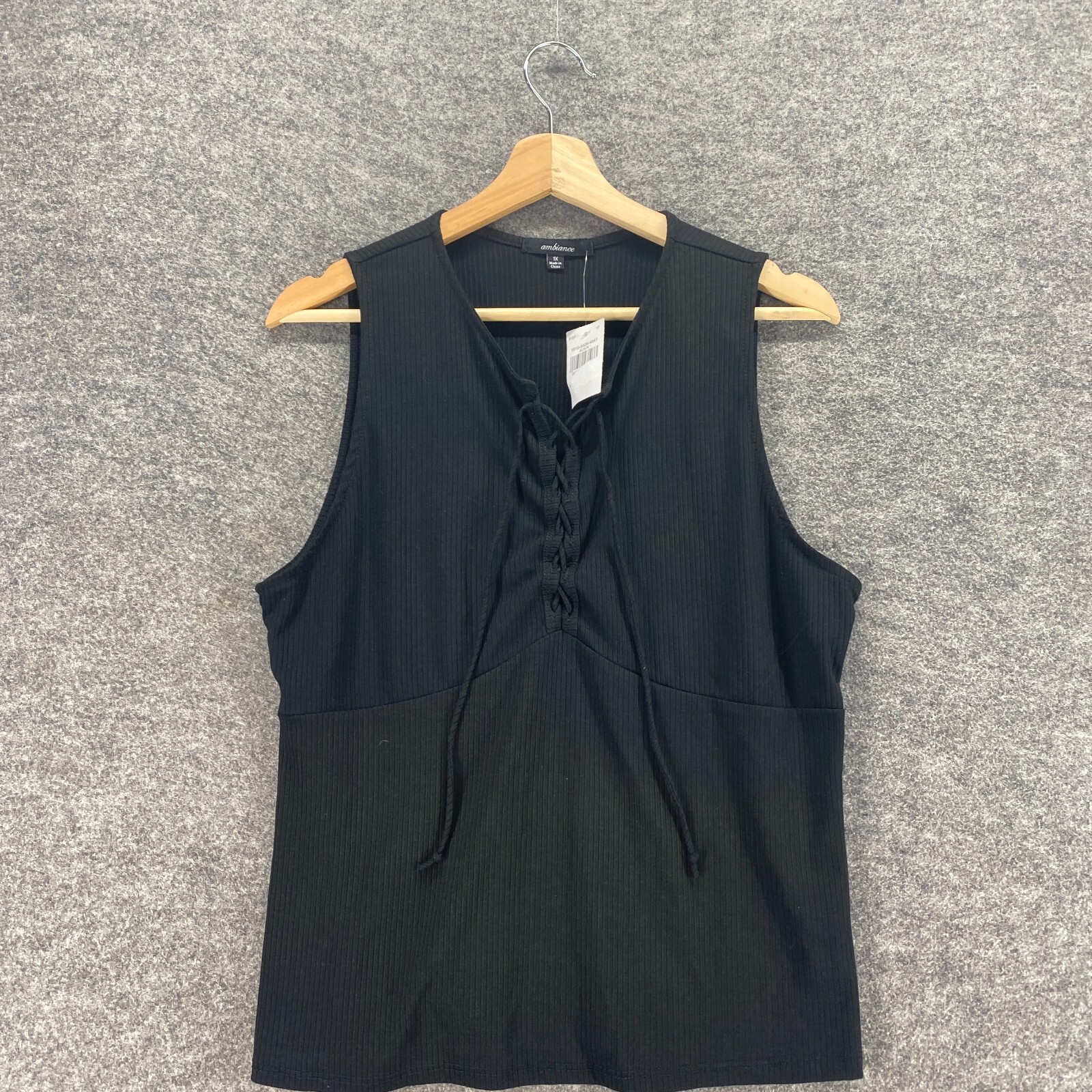 New Ambiance Top Women 1X Plus Black V-Neck Tasseled Sleeveless Wide Strap Blous