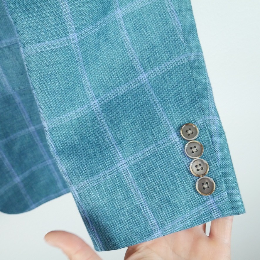Tallia Men’s 100% Linen Teal Blue Windowpane Plaid Sport Coat Jacket Blazer 40R