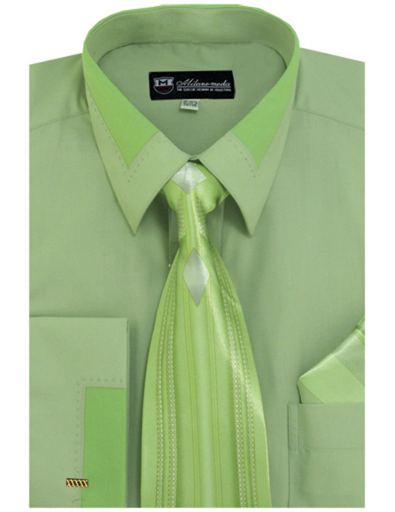 Men’s Unique design French Cuff Dress Shirt Accent Collar With Tie & Hanky SG34