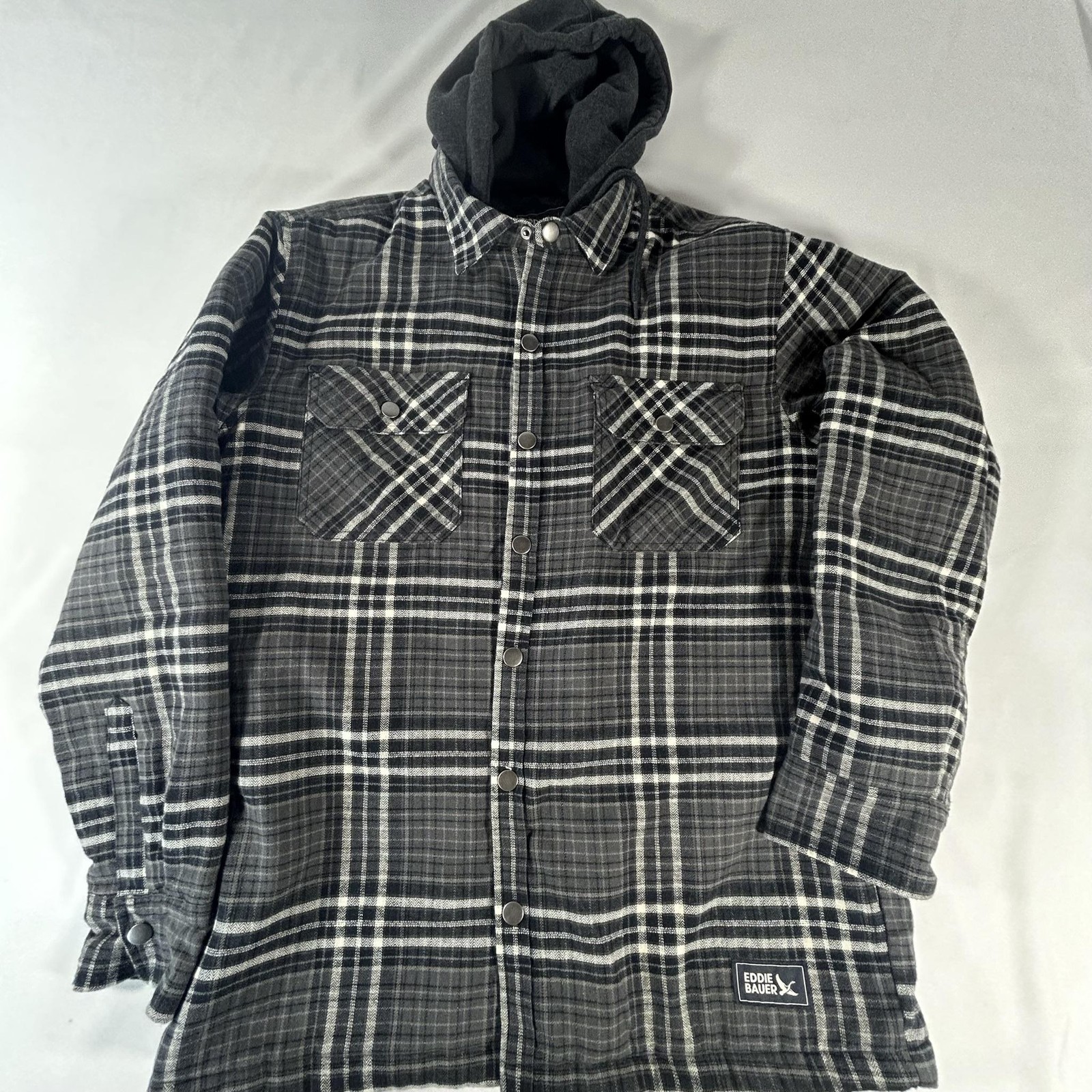 Eddie Bauer Jacket Mens Medium Gray Plaid Quilted Hooded Flannel Lined Coat