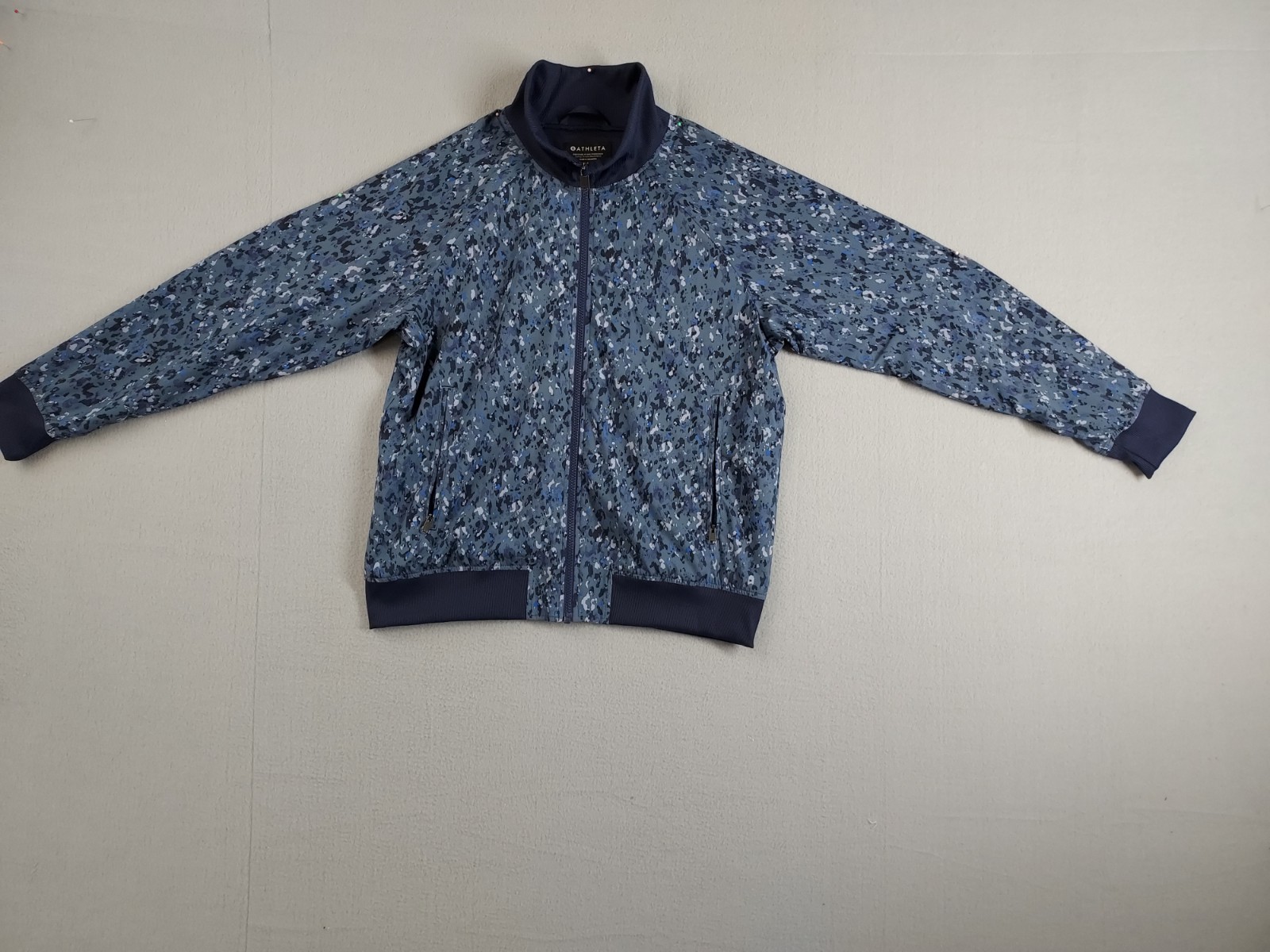 Athleta Women Bomber Jacket L Blue Cano Full Zip High Neck Pockets Outerwear