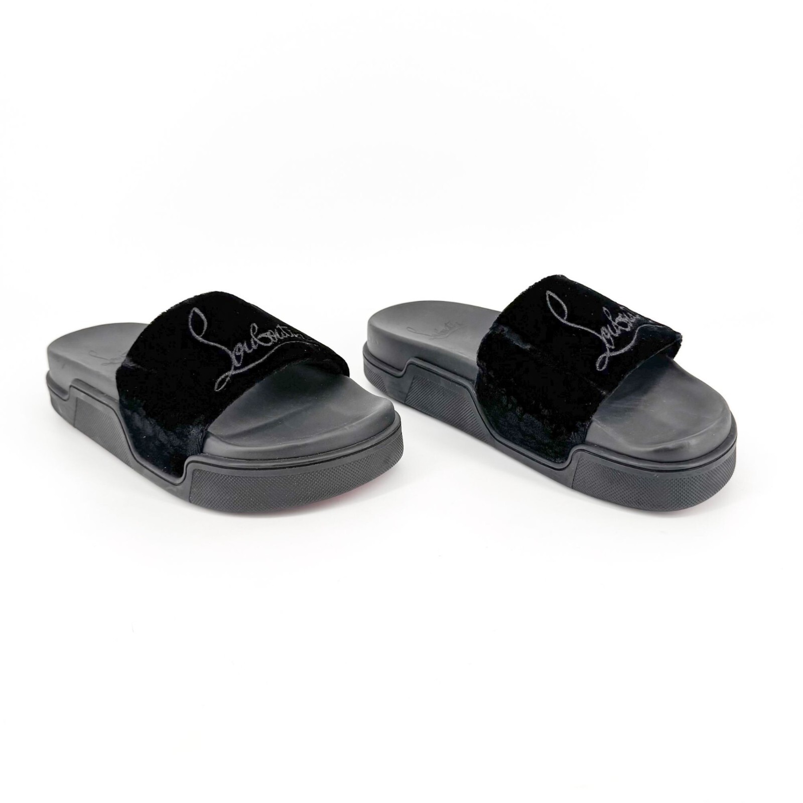 Christian Louboutin ‘Navy Pool’ Slide Sandals Size 37 US 7 Black Velvet Logo 33