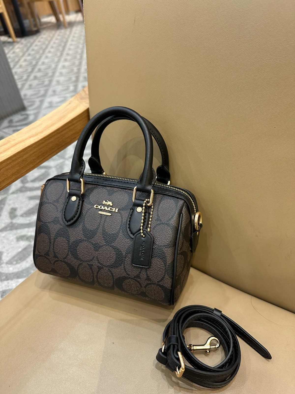 COACH Mini Rowan Crossbody CW329 Signature Canvas Walnut Black Bag Outlet New