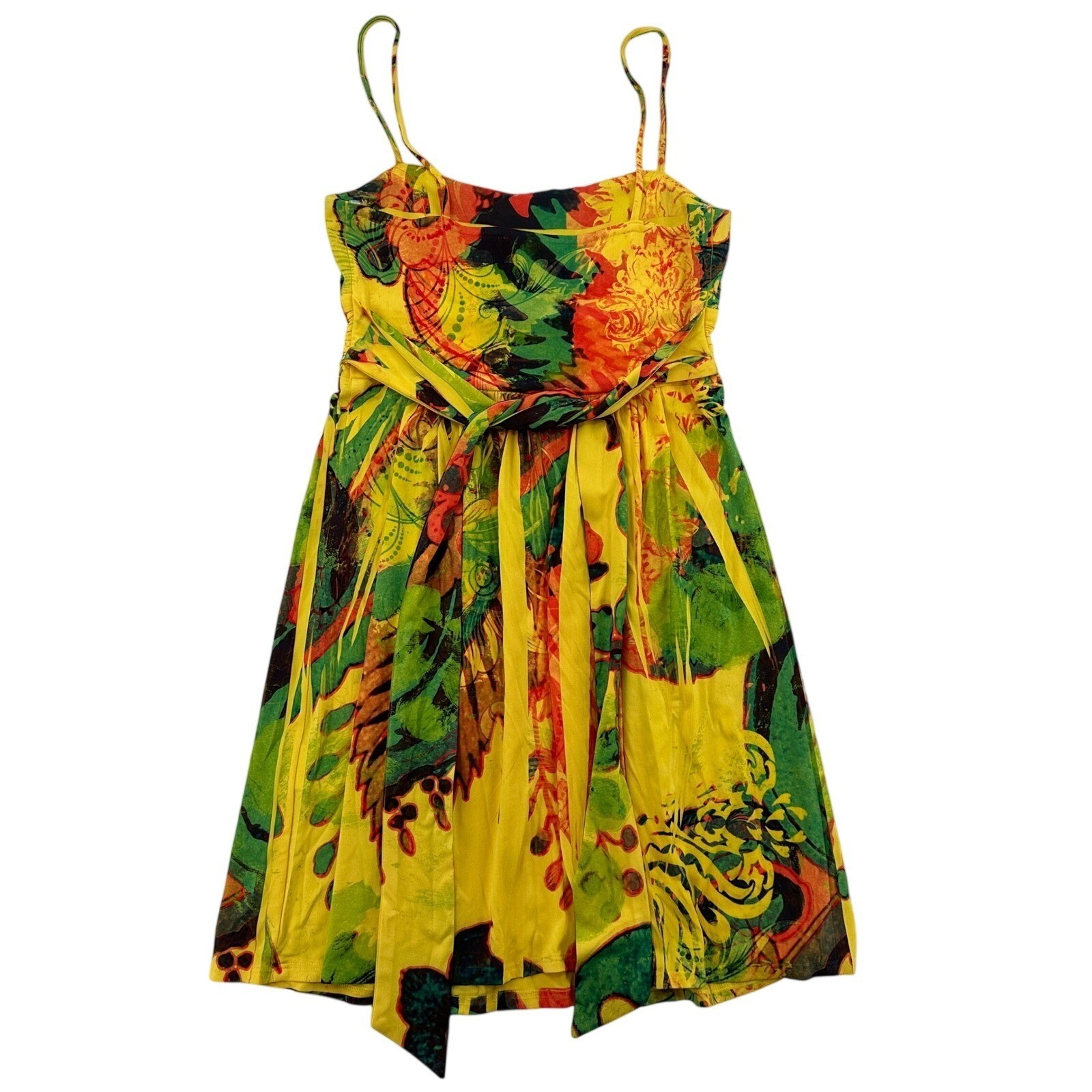 City Studio Yellow Floral Print Spaghetti Strap Ruched Empire Waist Dress Sz M