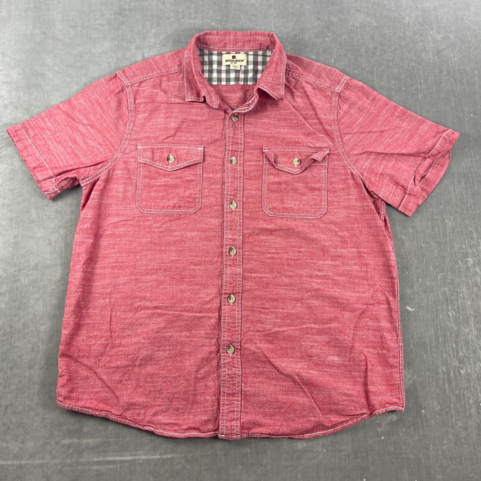 Woolrich Mens Large Red Short Sleeve Button Down Slub Cotton Shirt