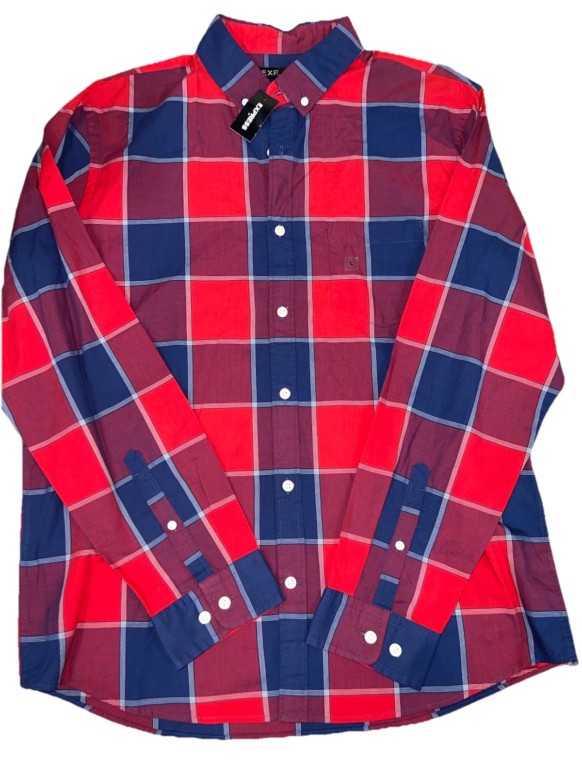 Express Men’s L Red Blue Plaid Button Down Shirt Long Sleeve Casual 100% Cotton