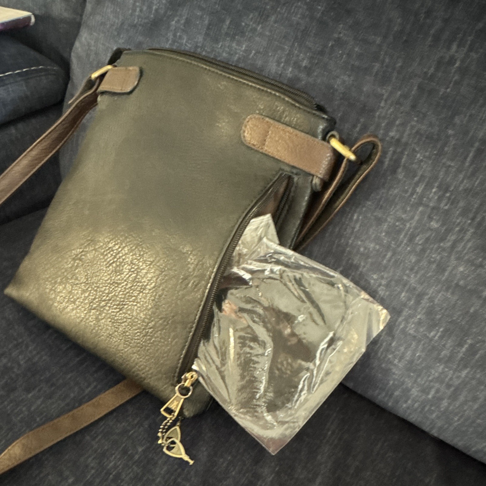 Black Small Crossbody Bag, Brown Strap, Gold Hardware, Zip, Pockets, Pouch, conc